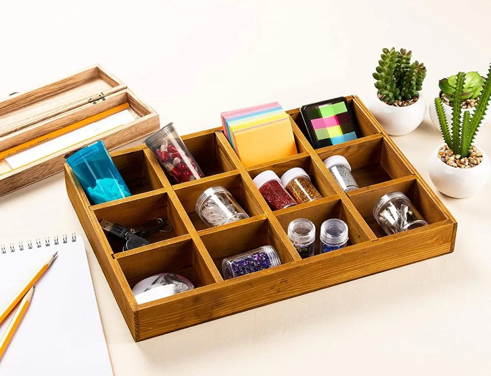 Wooden/Wood Multi-Grid Box/Tray with Dividers for Jewelry/Tea Bag/Souvenir/USB Cable/Drug Storage